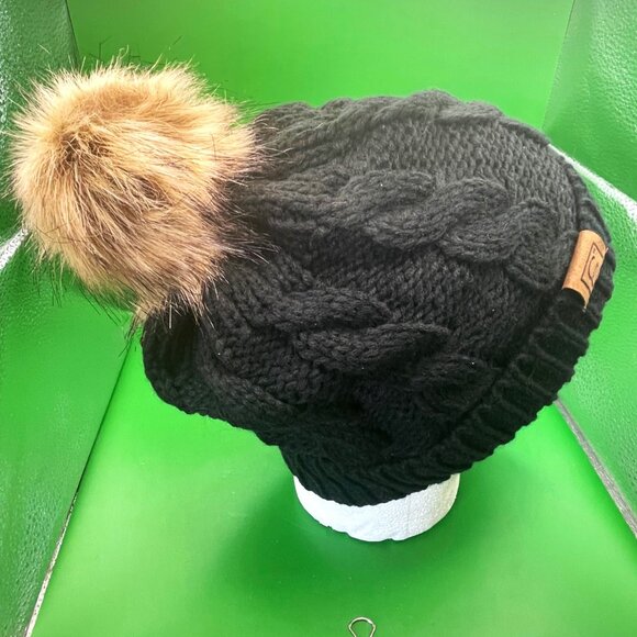 C.C. Exclusives Beanie Black Cable Knit Faux Fur Pom Pom Fall Winter Hat NWOT - Picture 5 of 10